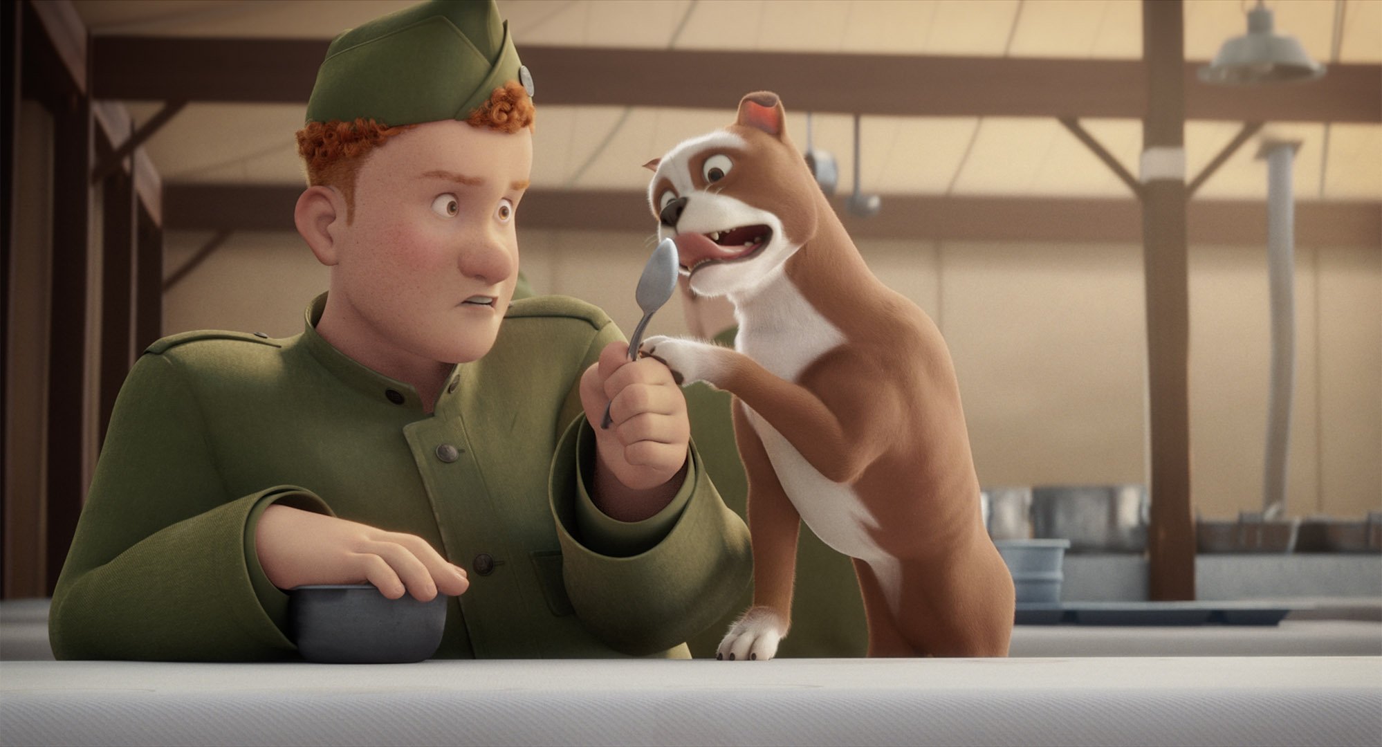 sgt-stubby-olsen-still-05 Still from the animated feature film SGT. STUBBY showing the characters Olsen (voiced by Jordan Beck) and the stray dog Stubby fighting over food.