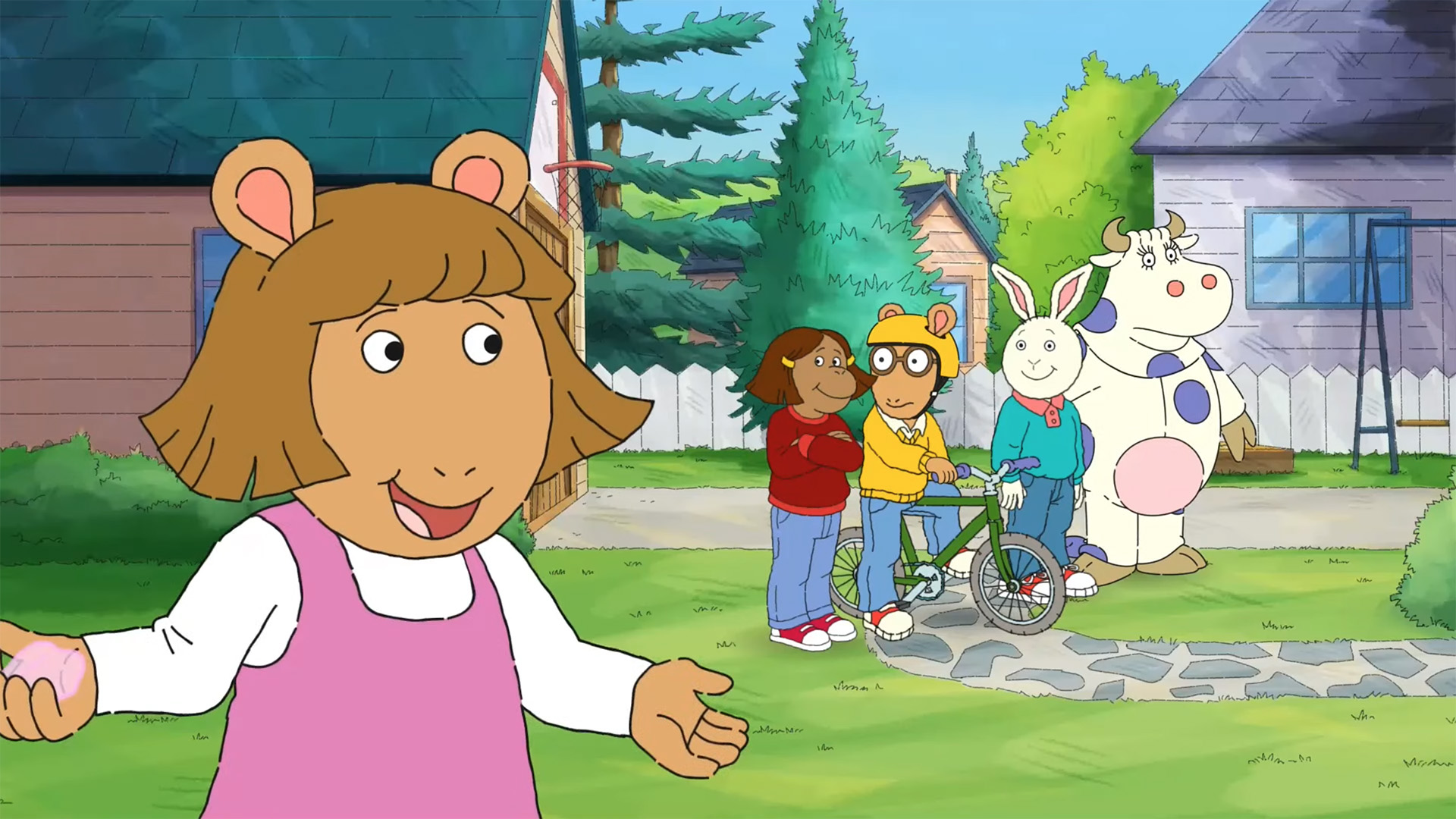 arthur-get-a-hobby-still-dw-and-friends Still from "ARTHUR: Get a Hobby!": D.W. is in the foreground, with Francine, Arthur, Buster, and Mary Moo Cow with a bicycle behind her.