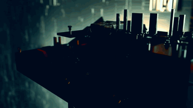 hero4hire-creative-futuristic-3d-animated-logo Futuristic 3D animated logo for animation studio Hero4Hire Creative. The number "4" is central and appears to be constructed from glowing robotic circuitry, positioned between the words "HERO" and "HIRE" in bold white text.